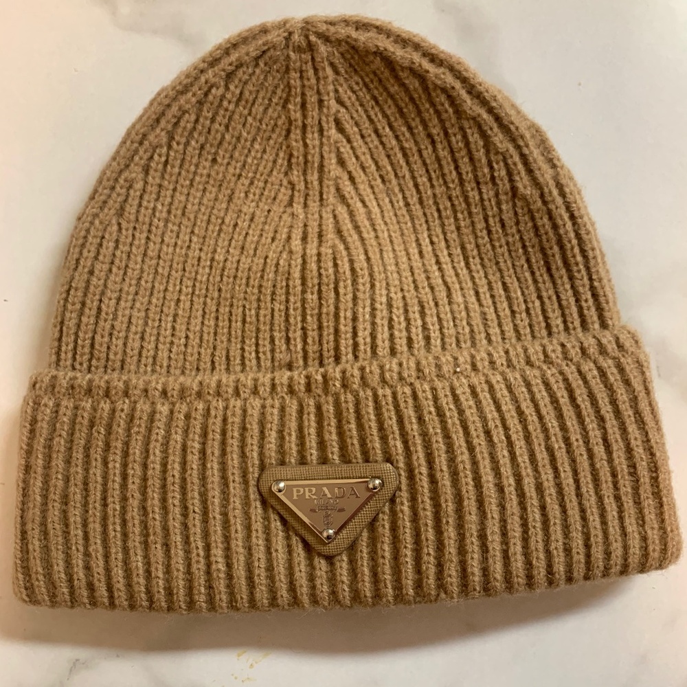 Prada Symbol Camel Ribbed Knit Beanie (NWT)